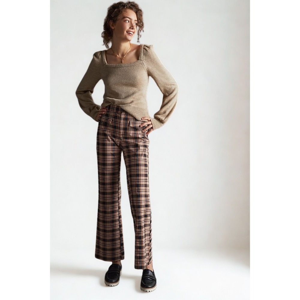 Anthropologie Maeve Tartan Plaid Wide Leg Pants Womens 6P Brown Check Trousers